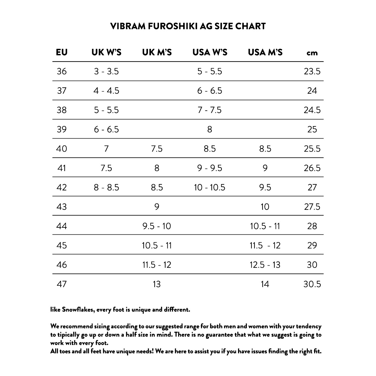 Vibram Furoshiki Sizing Chart - Original
